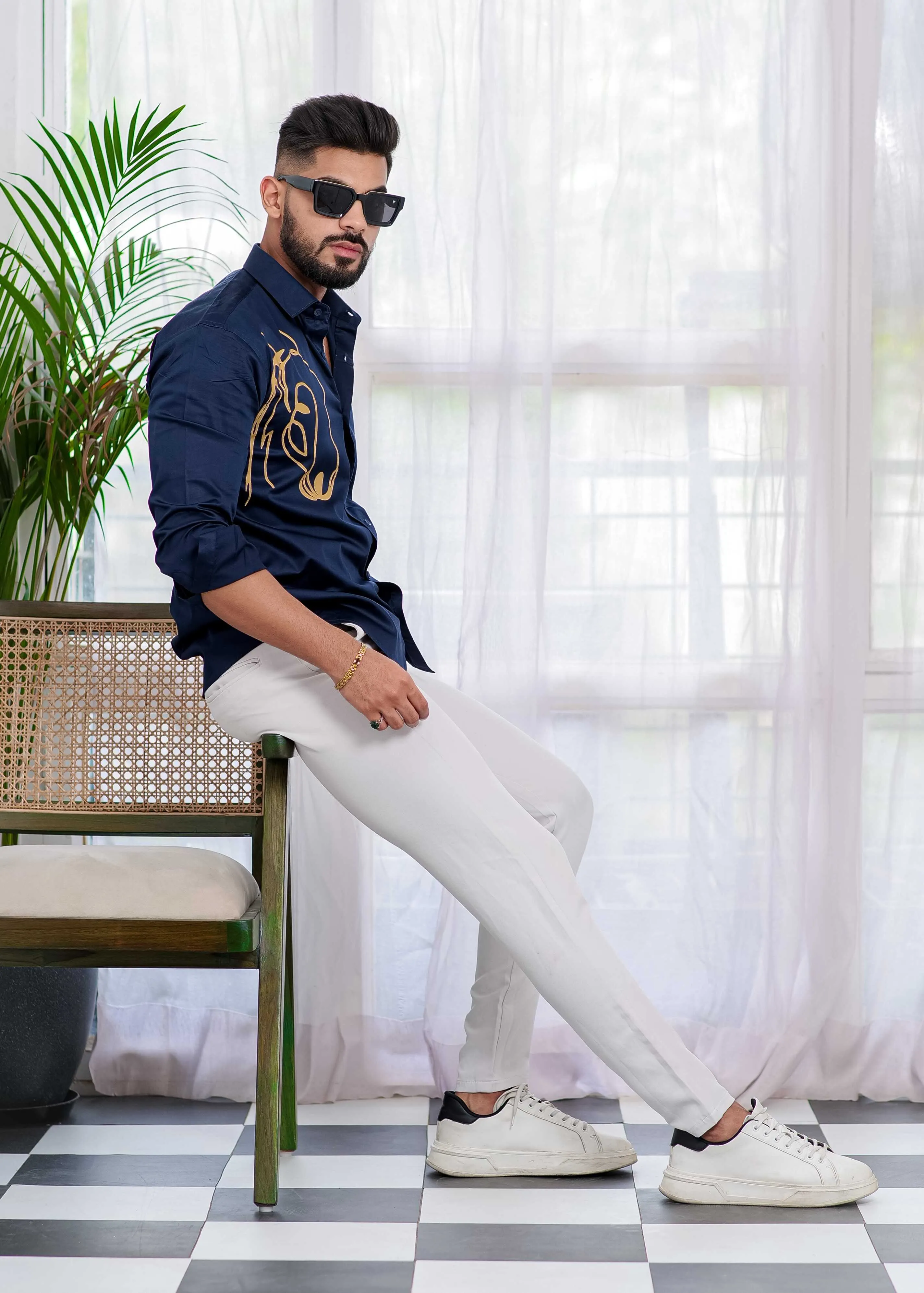 Blue Club Wear Printed Satin Cotton Shirt