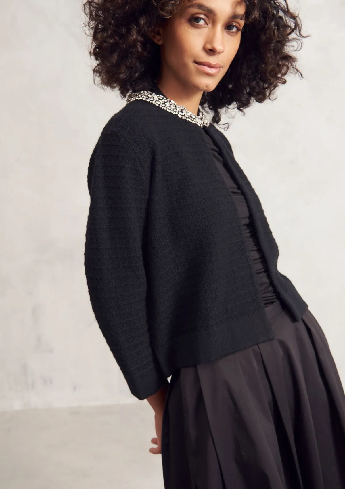Cashmere Jewelled Neck Cardigan in Jet Black