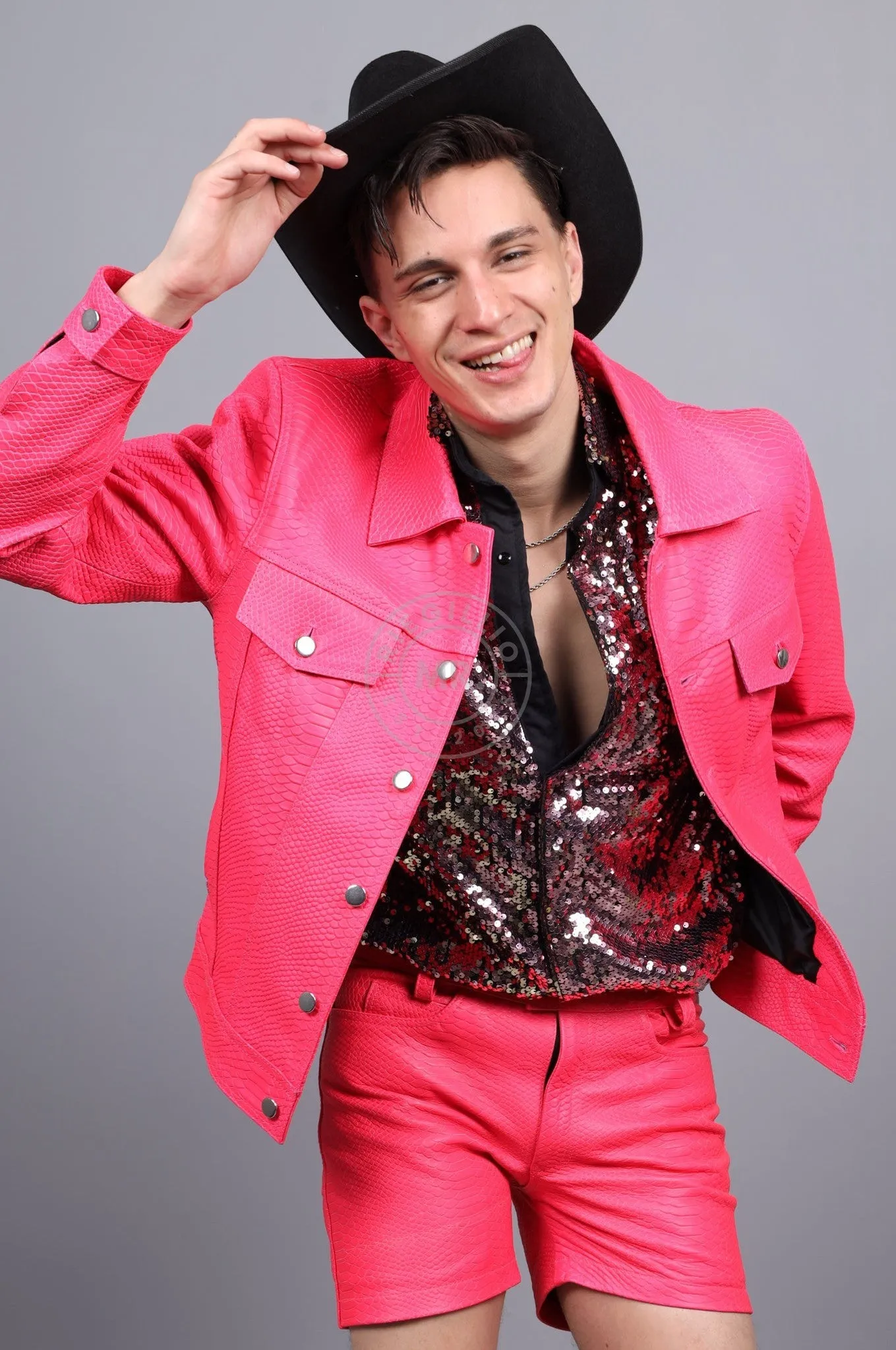 Leather Snake Trucker Jacket - Neon Pink