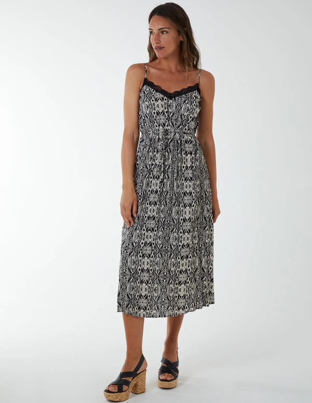 Pleated Midi Slip Dress With Lace Trim