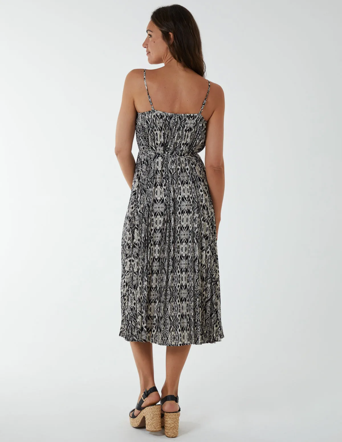 Pleated Midi Slip Dress With Lace Trim
