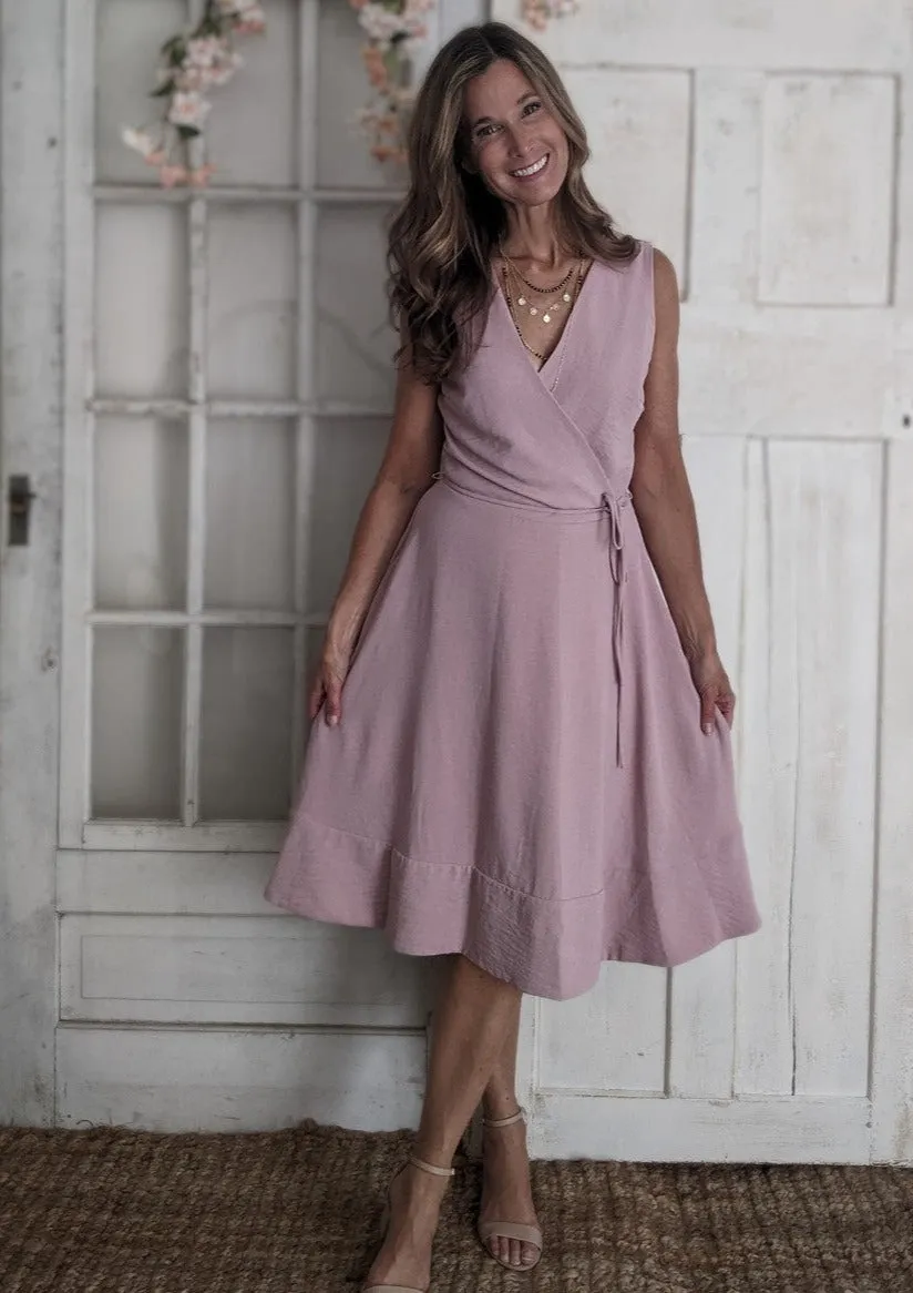 Sleeveless Surplice Wrap Dress w/ Back Pleat