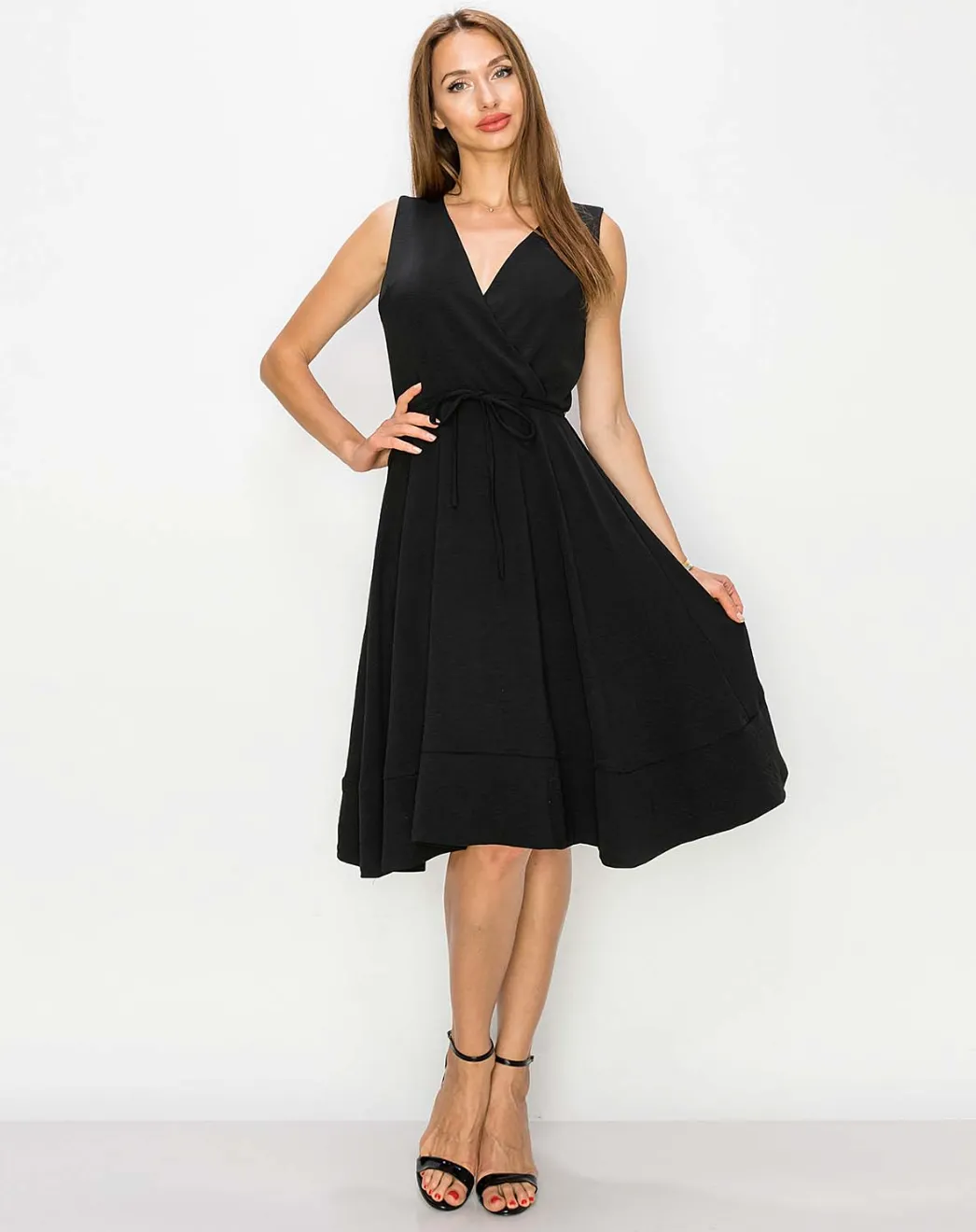 Sleeveless Surplice Wrap Dress w/ Back Pleat