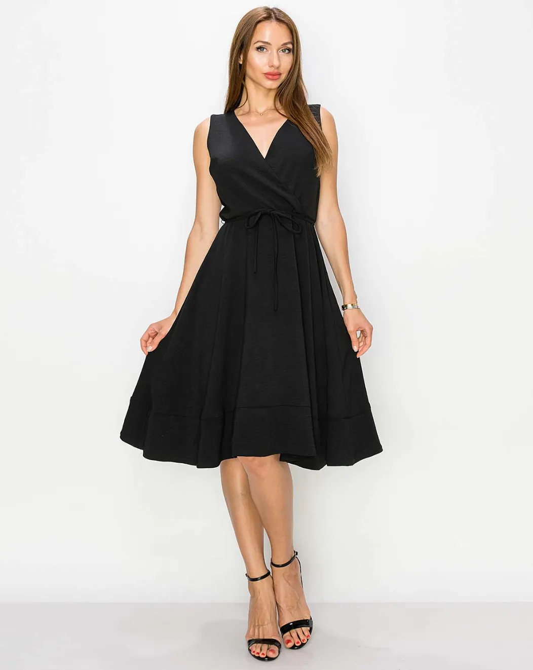 Sleeveless Surplice Wrap Dress w/ Back Pleat