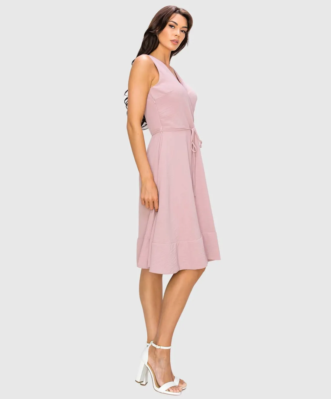 Sleeveless Surplice Wrap Dress w/ Back Pleat