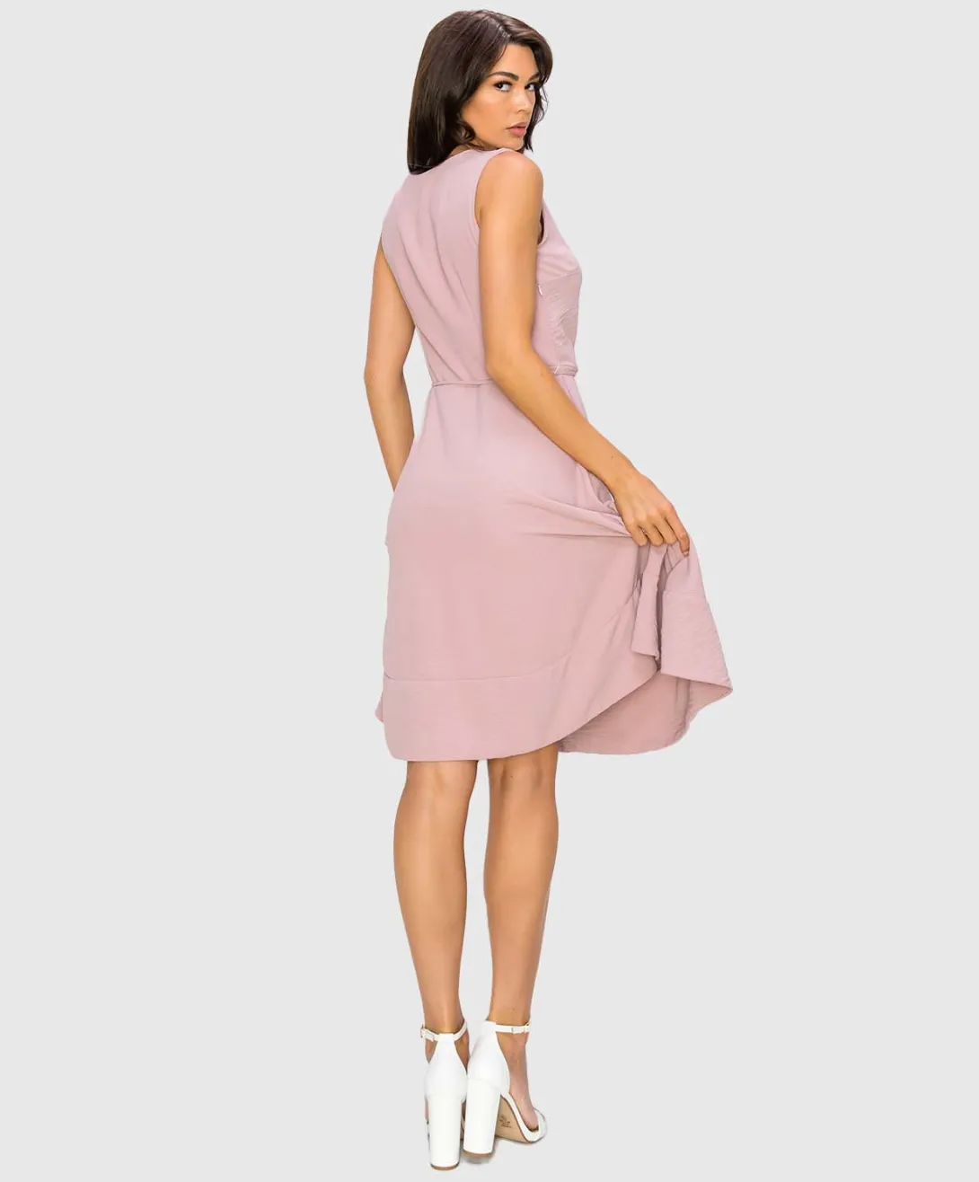 Sleeveless Surplice Wrap Dress w/ Back Pleat