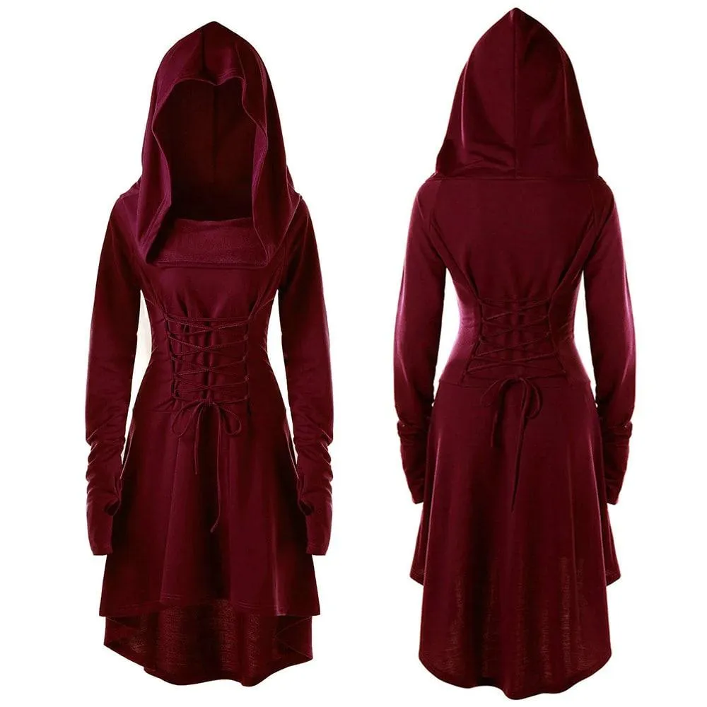 Warrior Gothic Hooded Dress, Stunning LongSleeve Outwear For Women