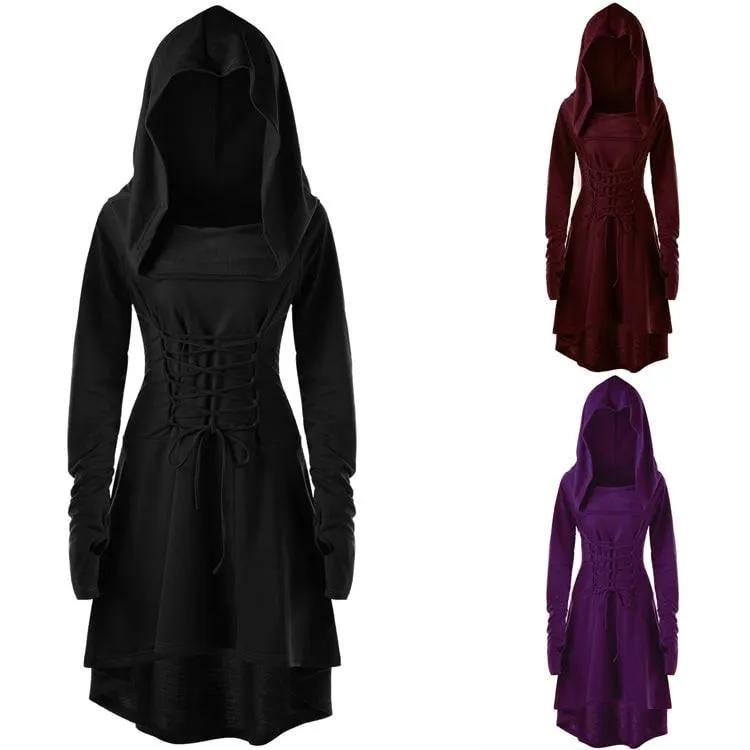 Warrior Gothic Hooded Dress, Stunning LongSleeve Outwear For Women