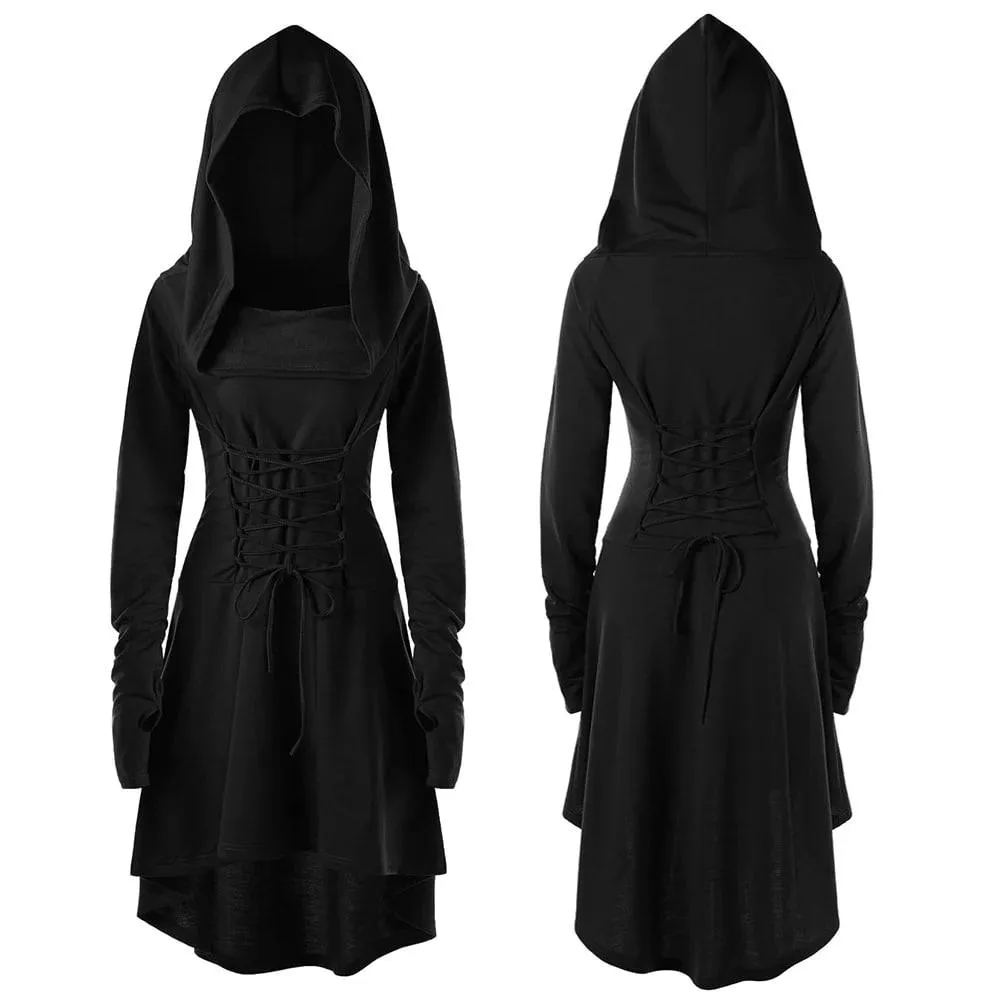 Warrior Gothic Hooded Dress, Stunning LongSleeve Outwear For Women