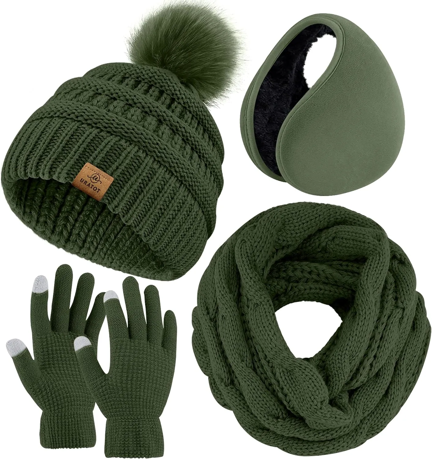 Winter Knit Khaki Beanie Hat, Scarf, Ear Muff & Gloves Set