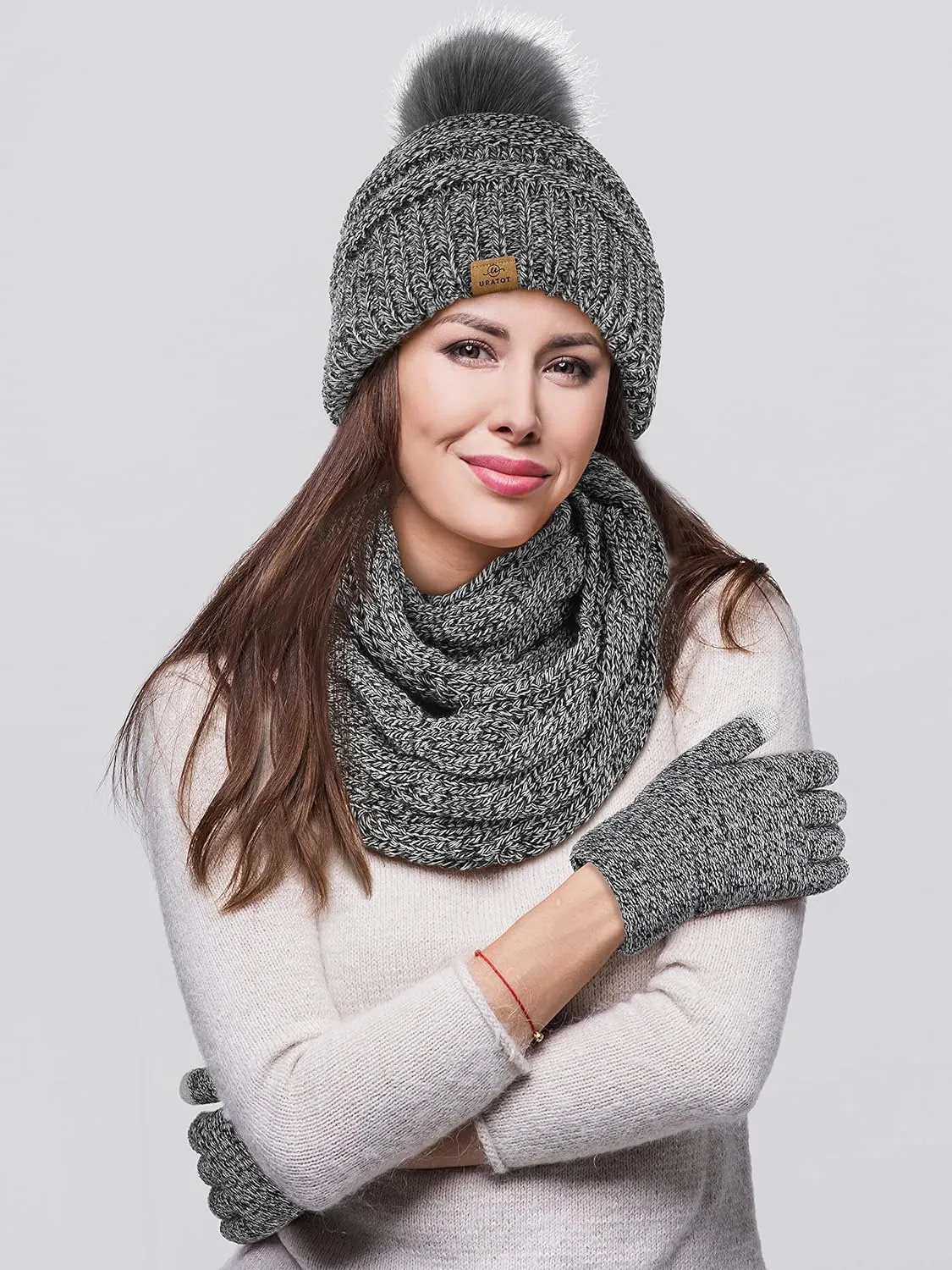 Winter Knit Khaki Beanie Hat, Scarf, Ear Muff & Gloves Set