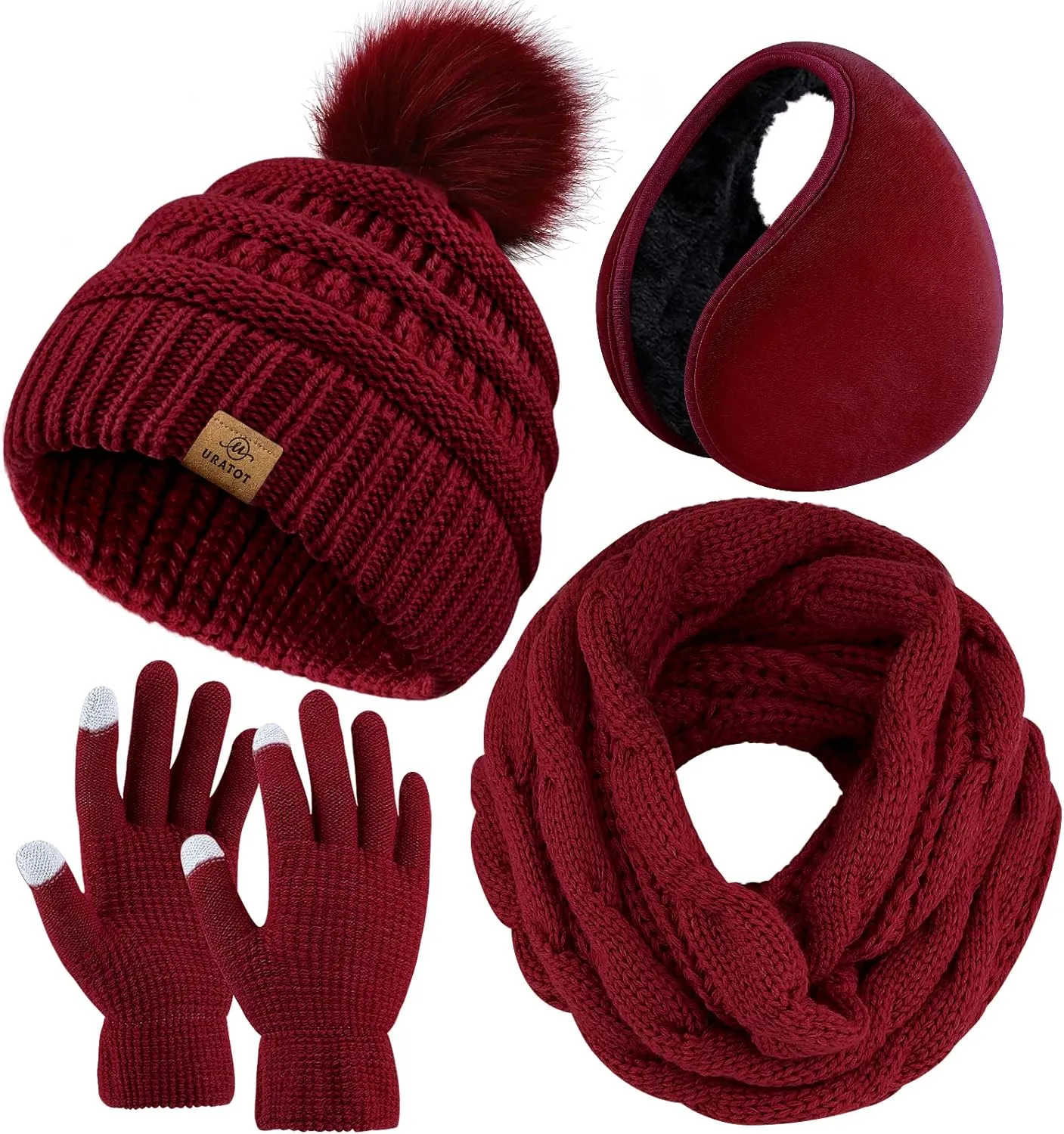 Winter Knit Khaki Beanie Hat, Scarf, Ear Muff & Gloves Set