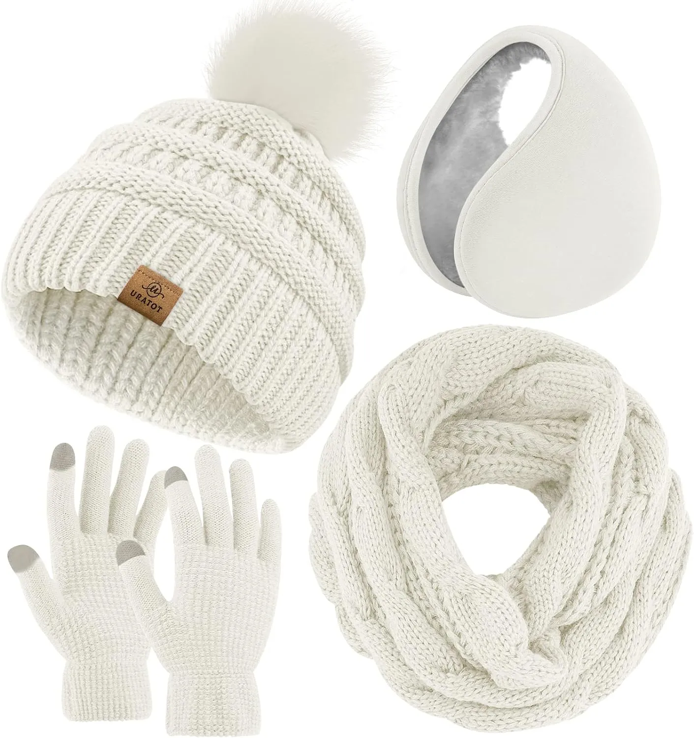 Winter Knit Khaki Beanie Hat, Scarf, Ear Muff & Gloves Set
