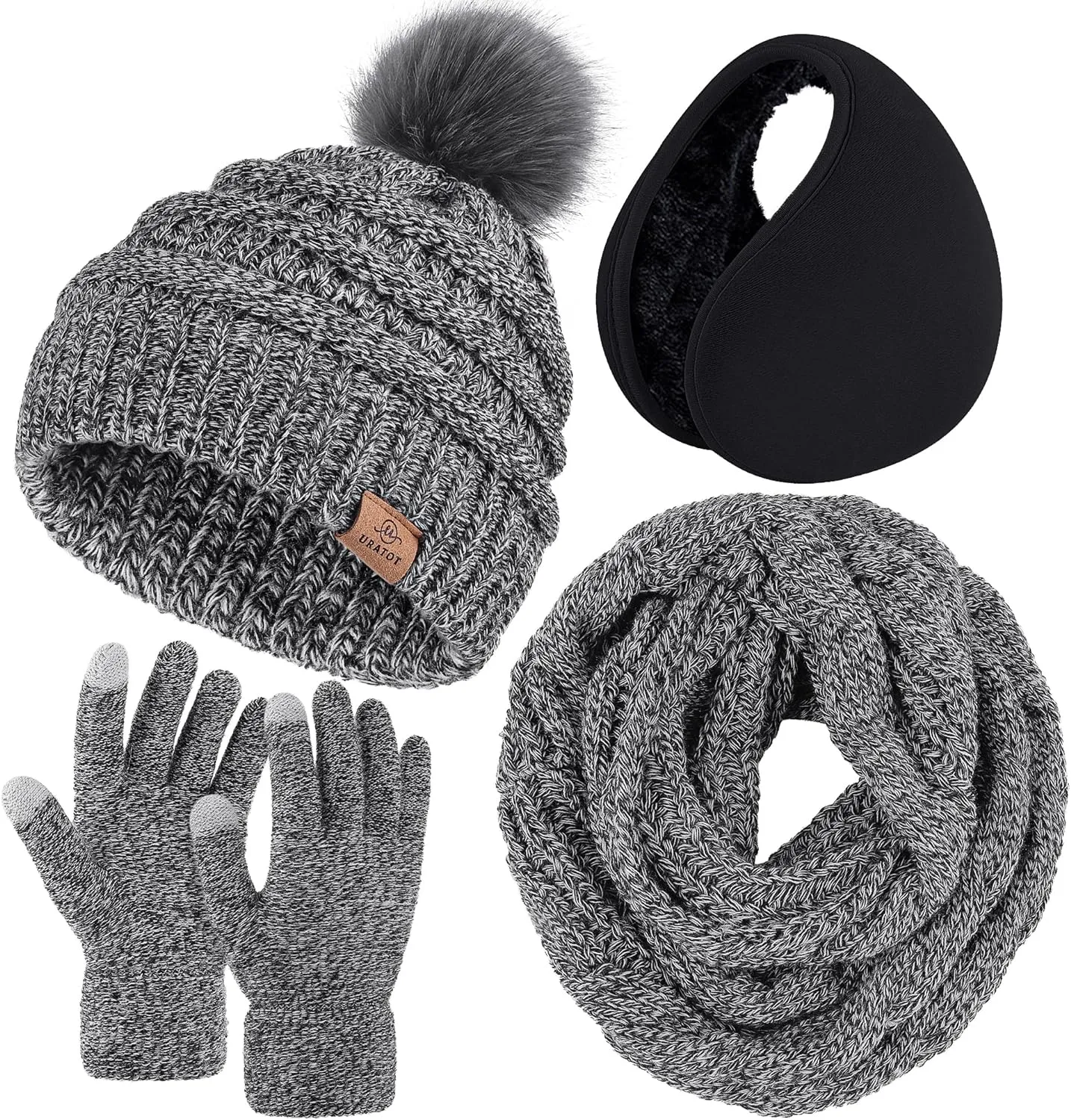 Winter Knit Khaki Beanie Hat, Scarf, Ear Muff & Gloves Set