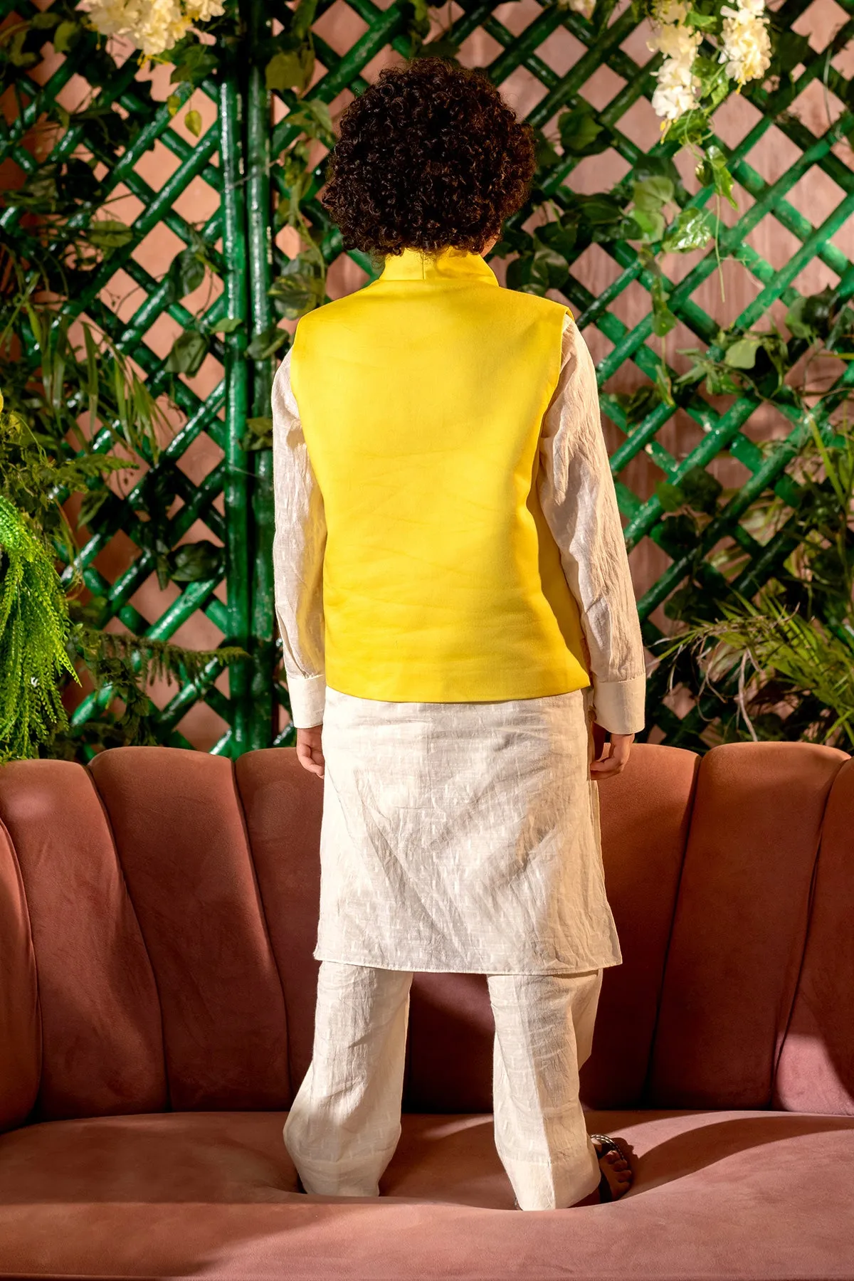 Zer - 

Embroidered Vegan Silk 

Yellow Nehru Jacket